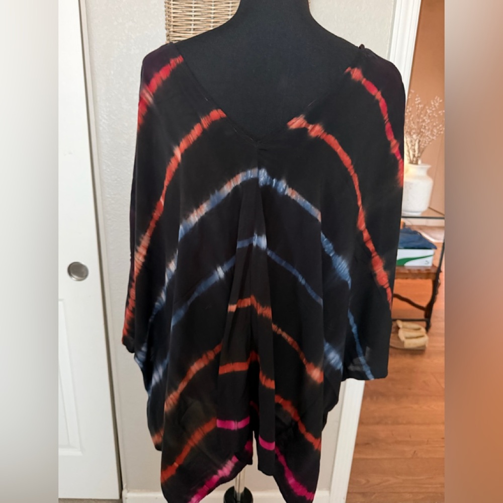lovestitch Black Tie-Dye V-Neck Tunic with Red, Blue and Pink Stripes